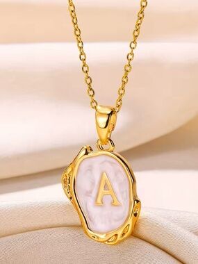 Anthropologie Gold Pendant Necklace with Pink Shell Initial A
